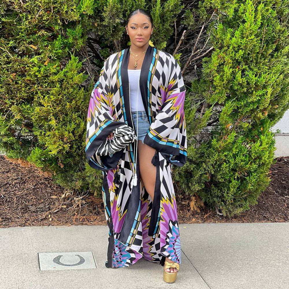 Artificial Silk Multi-Print Casual Kimono Coat – Stylish Women’s Outerwear - Modestly Vogue 