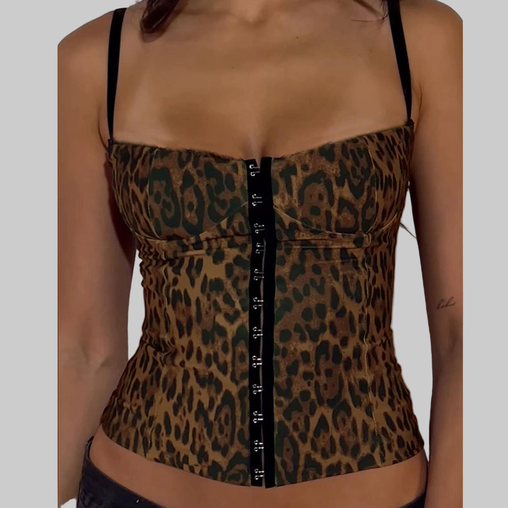 Sexy Women Ribbon Breasted Sleeveless Hollow Out Cutout Leopard Print Backless Slimming Strap Top - Modestly Vogue 