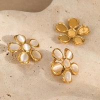 Vintage 18K Gold Stainless Steel High Grade Cat Eye Hammer Pattern Floral Earrings Eardrops