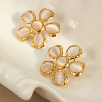 Vintage 18K Gold Stainless Steel High Grade Cat Eye Hammer Pattern Floral Earrings Eardrops