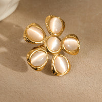 Vintage 18K Gold Stainless Steel High Grade Cat Eye Hammer Pattern Floral Earrings Eardrops