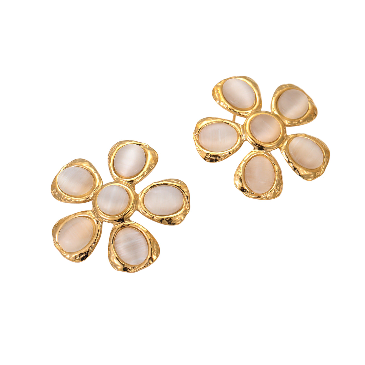 Vintage 18K Gold Stainless Steel High Grade Cat Eye Hammer Pattern Floral Earrings Eardrops