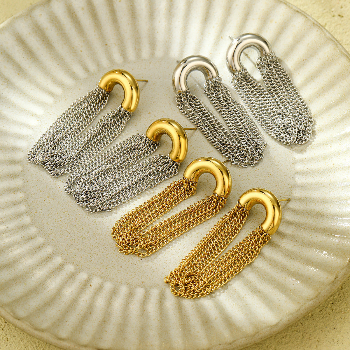 Simple Curved Chain Elegant Long Tassel Stainless Steel Studs C Type Design High-Grade Exquisite Titanium Steel Earrings