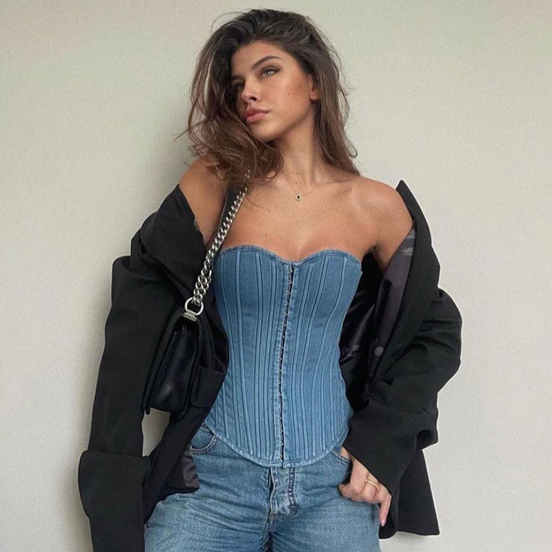 Street Cool Waist Corset Vest with Lace-up & Off-Shoulder Denim - Modestly Vogue 