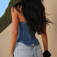 Street Cool Waist Corset Vest with Lace-up & Off-Shoulder Denim - Modestly Vogue 