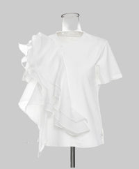 Spring Summer Large Ruffled Laminated Stitching Contrast Color Pullover Short Sleeved T shirt Slimming Top - Modestly Vogue 
