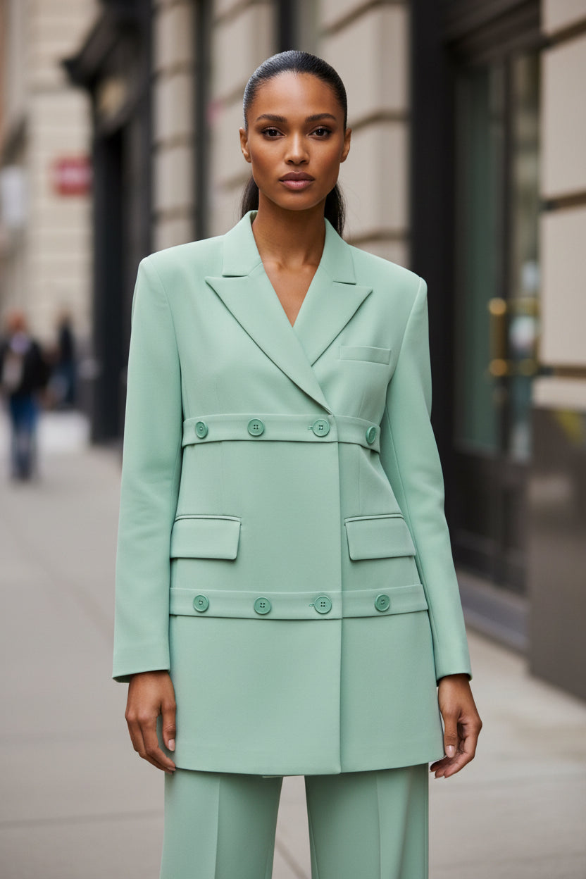 Green Mid Length Loose Blazer Jacket - Modestly Vogue 