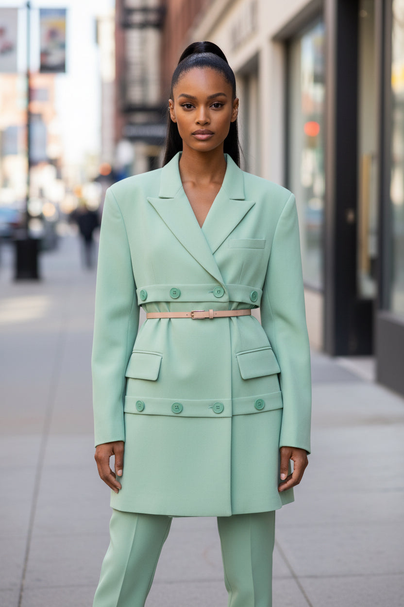 Green Mid Length Loose Blazer Jacket - Modestly Vogue 