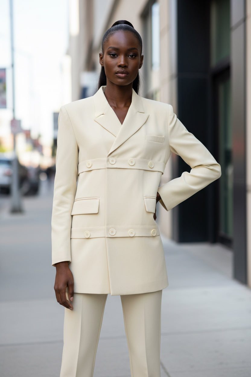 Neutral Cut off Layered Mid Length Loose Blazer - Modestly Vogue 