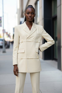 Neutral Cut off Layered Mid Length Loose Blazer - Modestly Vogue 