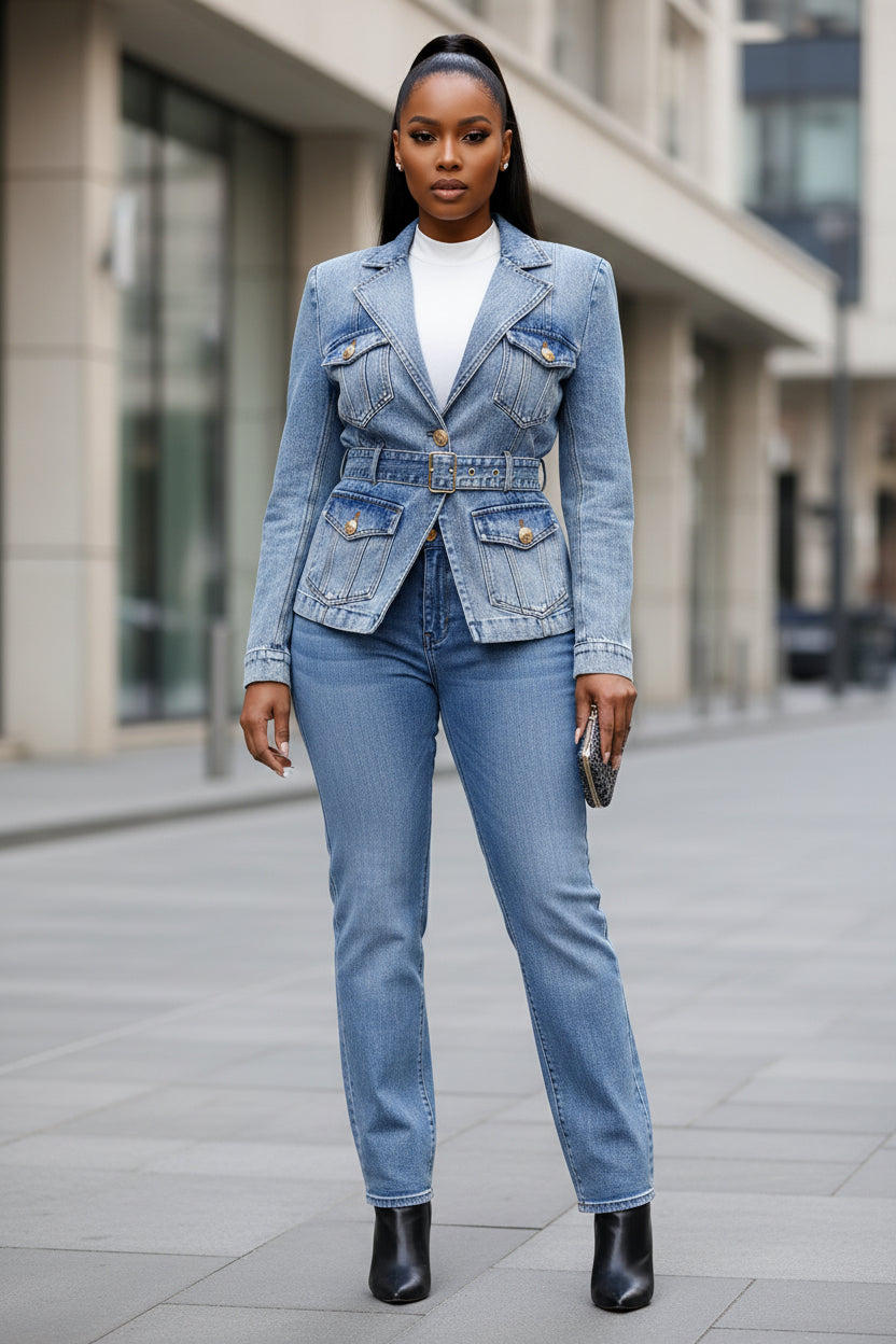 Stars Slim Fit Belt Washed Denim Blazer Jacket - Modestly Vogue 