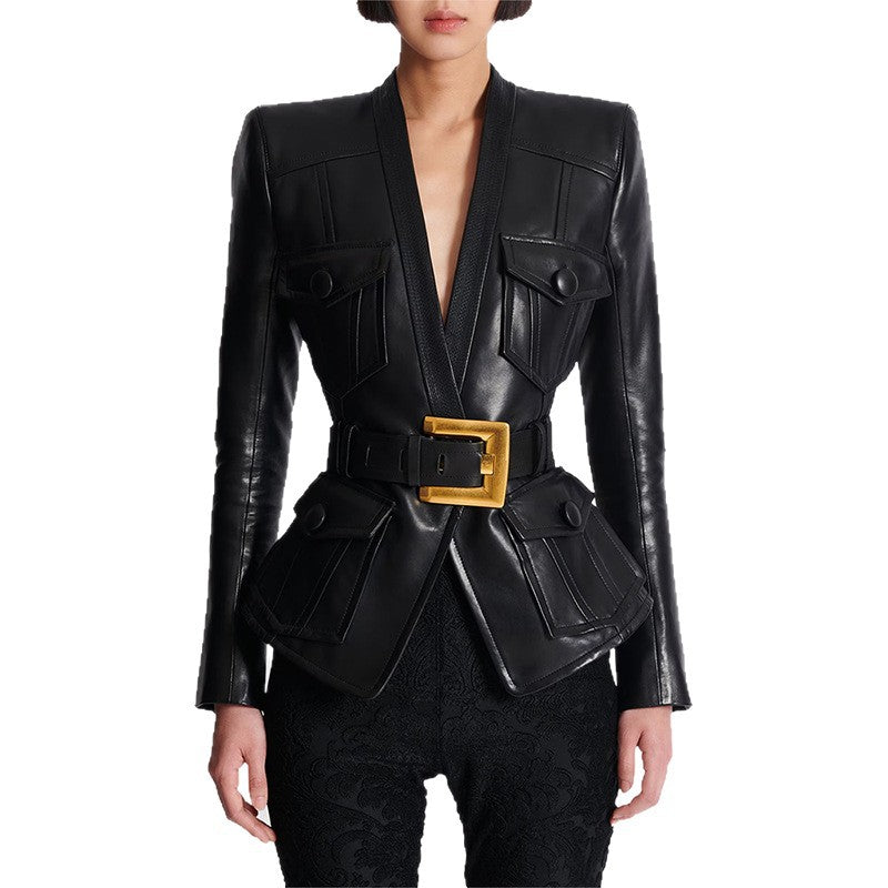 Early Autumn Star Series Belt Slim Fit Leather Jacket Coat - Modestly Vogue 
