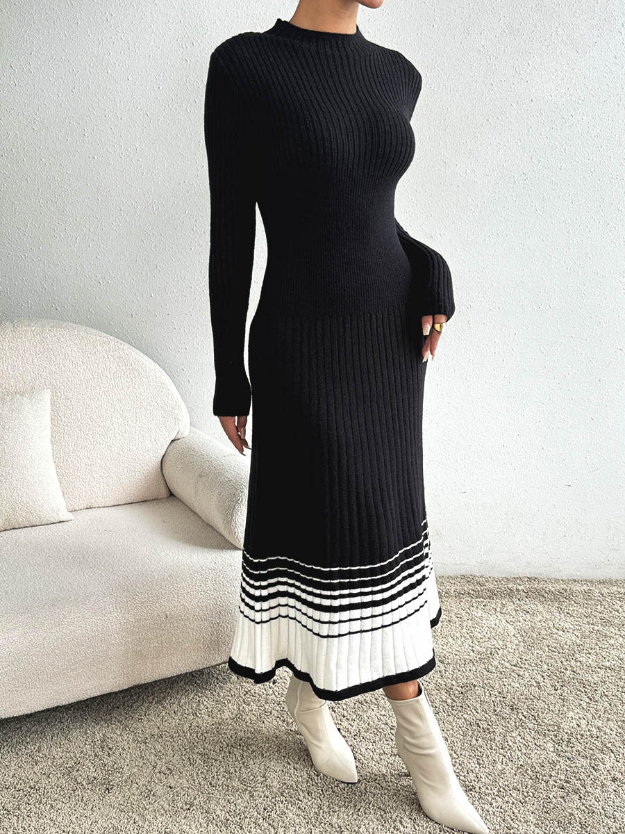 Women Clothing Underskirt Women Woolen Dress Black White Striped Pleated Dress Sweater Long Dress