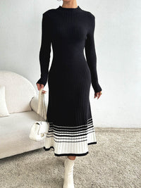 Women Clothing Underskirt Women Woolen Dress Black White Striped Pleated Dress Sweater Long Dress