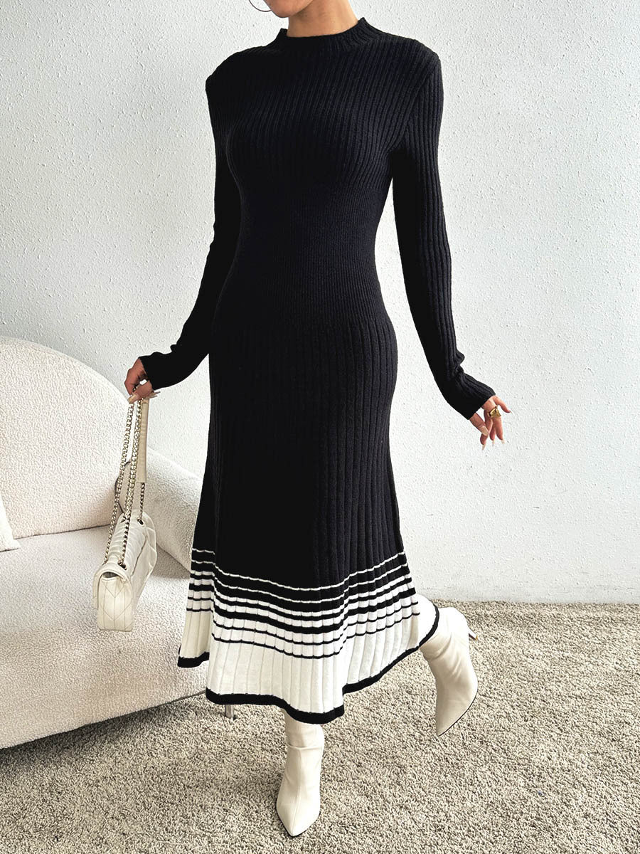 Women Clothing Underskirt Women Woolen Dress Black White Striped Pleated Dress Sweater Long Dress