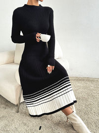 Women Clothing Underskirt Women Woolen Dress Black White Striped Pleated Dress Sweater Long Dress