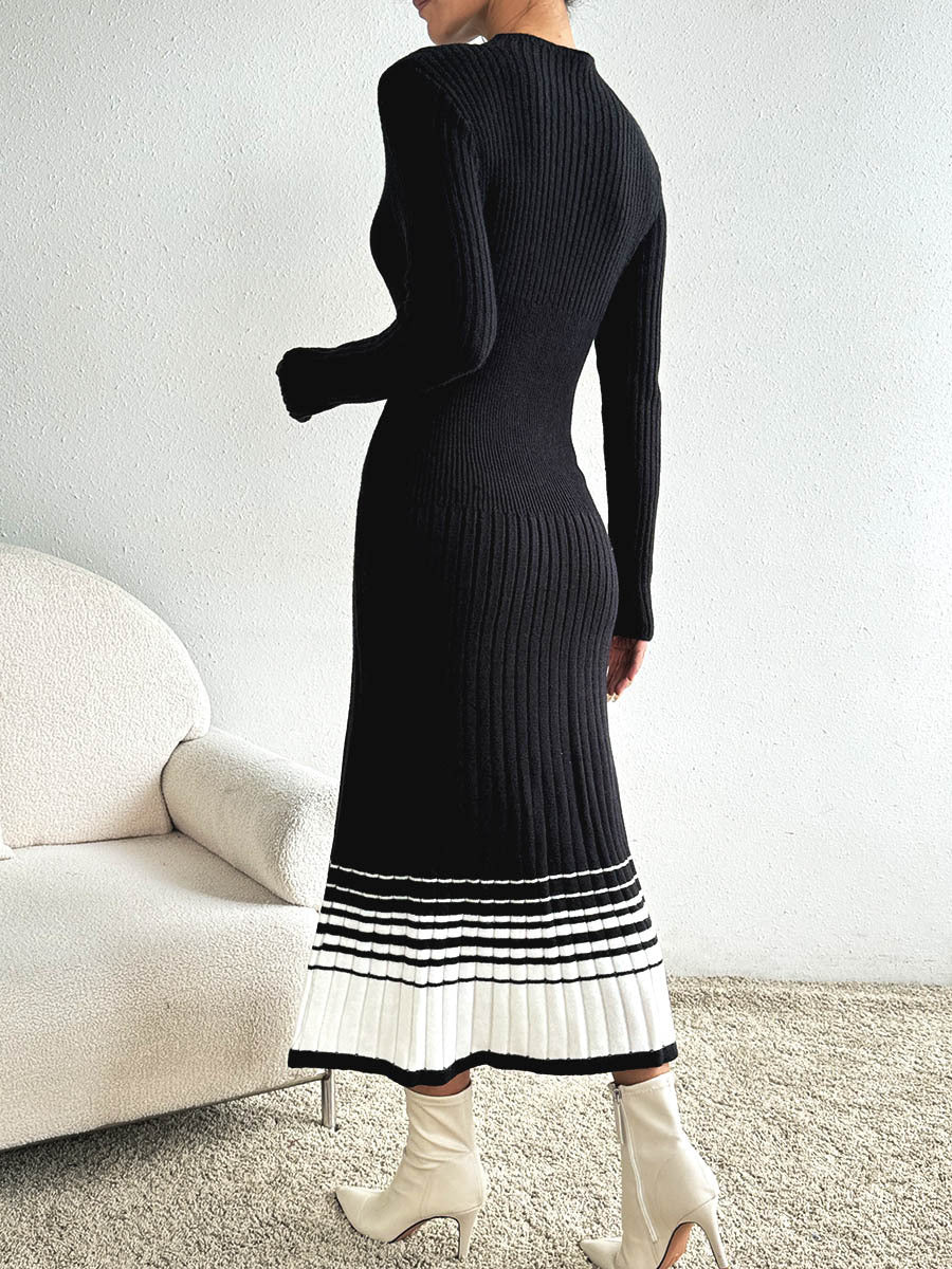 Women Clothing Underskirt Women Woolen Dress Black White Striped Pleated Dress Sweater Long Dress