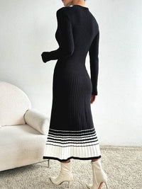 Women Clothing Underskirt Women Woolen Dress Black White Striped Pleated Dress Sweater Long Dress