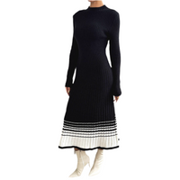 Women Clothing Underskirt Women Woolen Dress Black White Striped Pleated Dress Sweater Long Dress