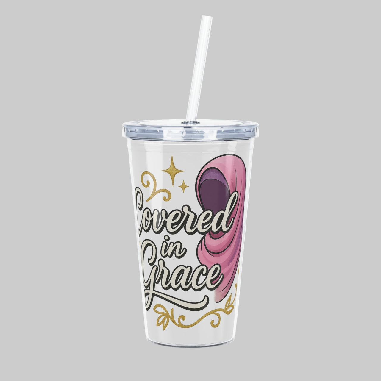 Covered in Grace Reusable Plastic Tumbler with Straw –20 oz. - Modestly Vogue 