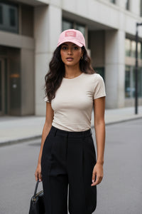 Pink Face Quietly Iconic Rustic Hat with Leather Patch – Minimalist Statement Cap - Modestly Vogue 