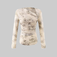 Design Oblique Shoulder Long Sleeved T shirt Women Tie Dyed Printed Top - Modestly Vogue 
