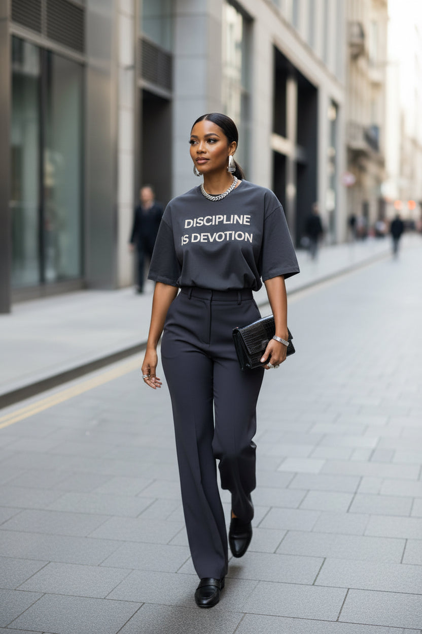 Discipline is Devotion Black Oversized Tee- Washed Black - Modestly Vogue 