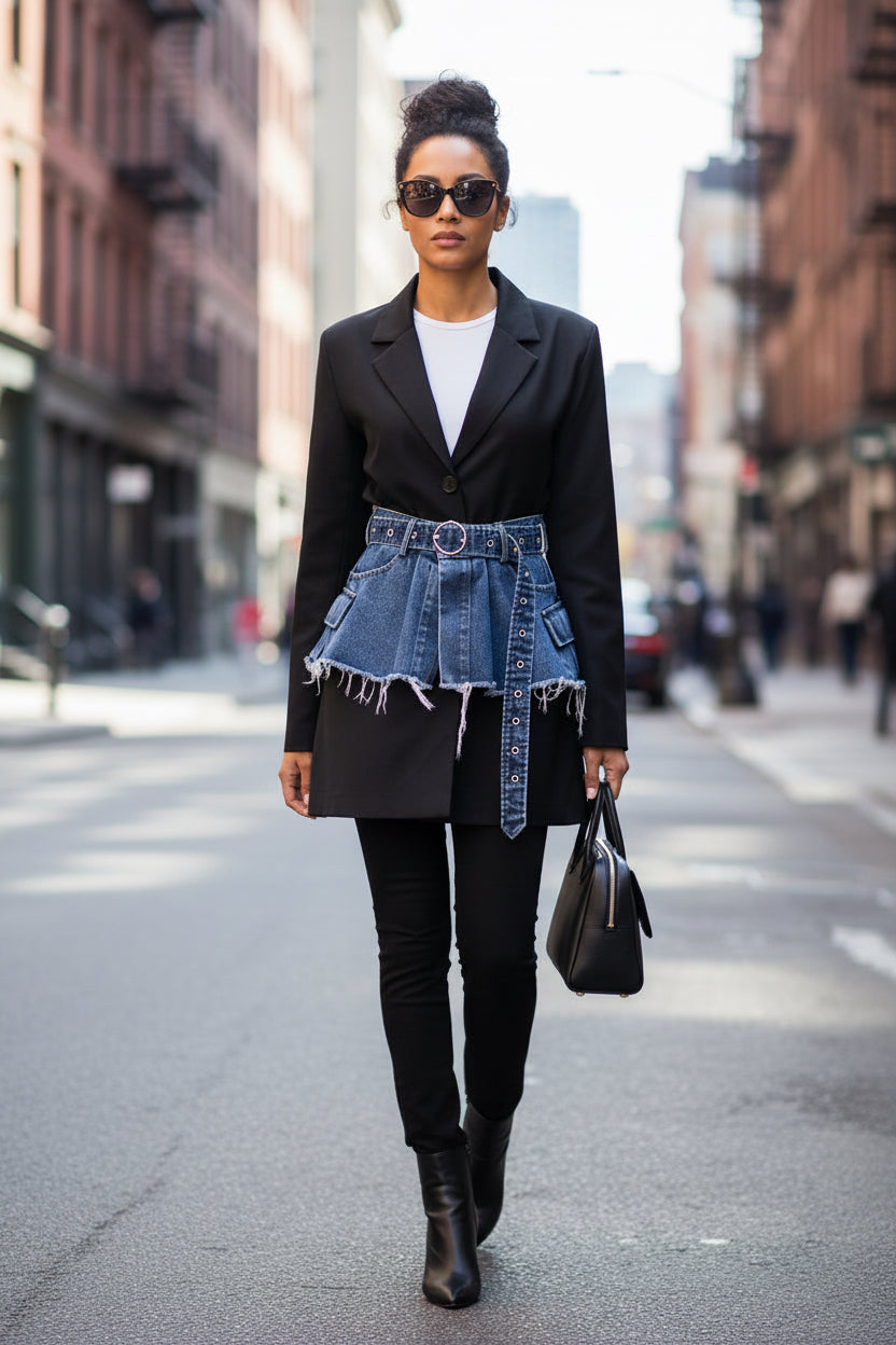 Spring Two Piece Set Denim Waist Seal Waist Slimming Multi Match Two Piece Set Women Blazer - Modestly Vogue 