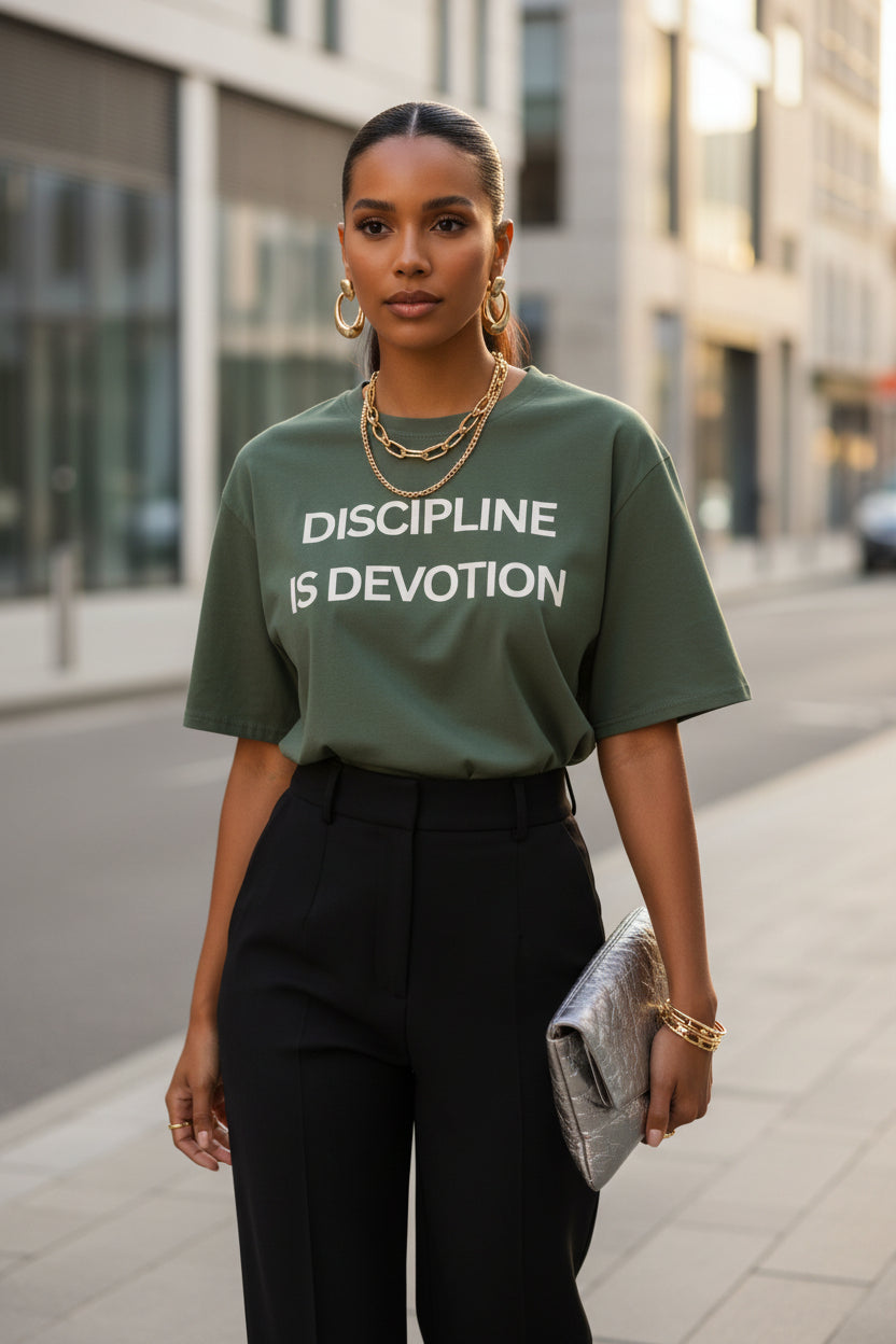 Discipline is Devotion Oversized T Shirt- Olive - Modestly Vogue 