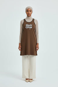 Brown Racerback Layering Athletic Dress — Hijabi Energy Minimal Script - Modestly Vogue 