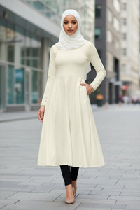 Cream Hijabi Energy™ long sleeve midi dress - Modestly Vogue 