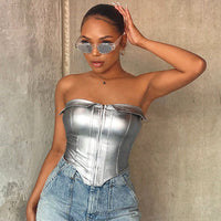 Women Clothing Polo Collar Tube Top Faux Leather Boning Corset - Modestly Vogue 
