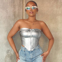 Women Clothing Polo Collar Tube Top Faux Leather Boning Corset - Modestly Vogue 