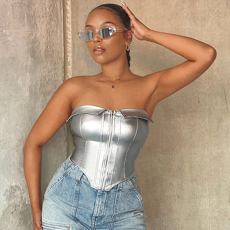 Women Clothing Polo Collar Tube Top Faux Leather Boning Corset - Modestly Vogue 