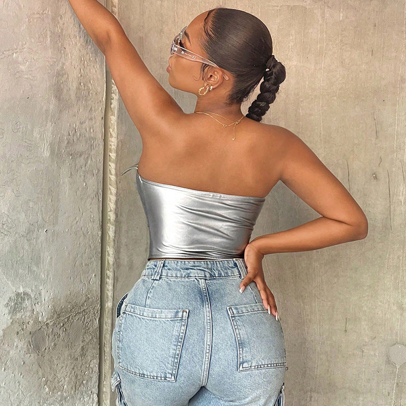 Women Clothing Polo Collar Tube Top Faux Leather Boning Corset - Modestly Vogue 