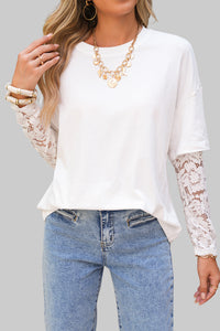White Lace Long Sleeve Tee – Fake Two-Piece Drop Shoulder - Modestly Vogue 
