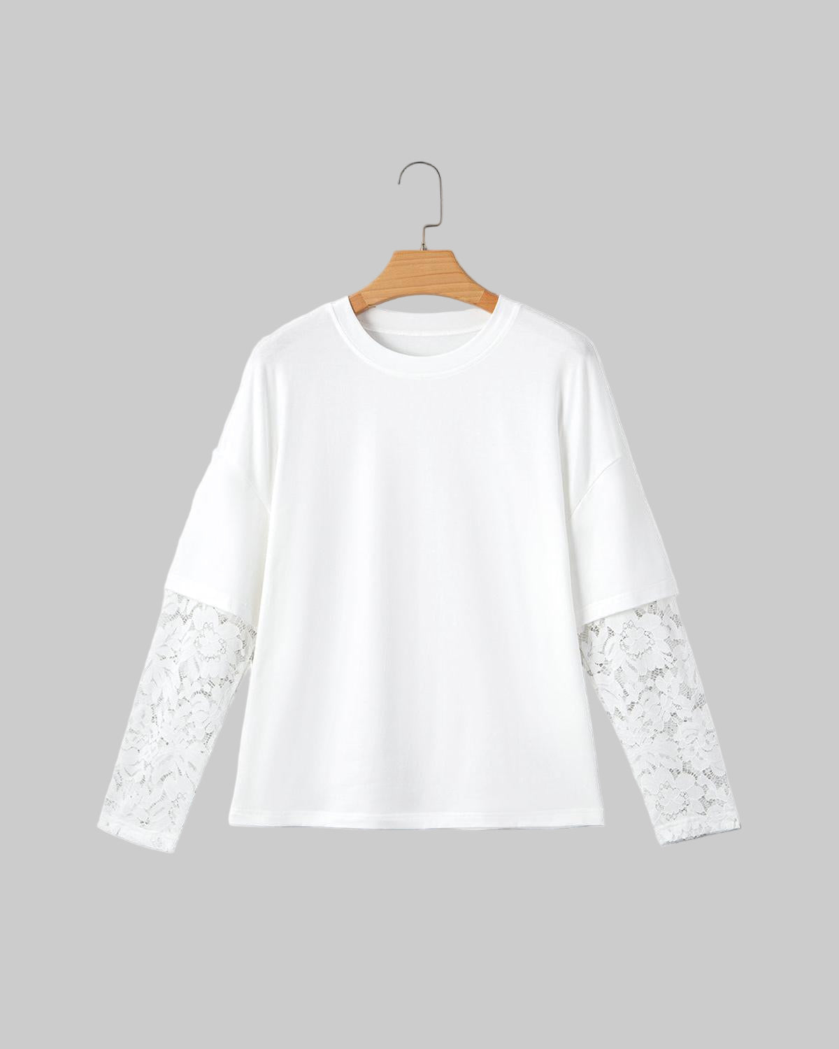 White Lace Long Sleeve Tee – Fake Two-Piece Drop Shoulder - Modestly Vogue 