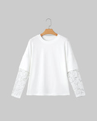 White Lace Long Sleeve Tee – Fake Two-Piece Drop Shoulder - Modestly Vogue 