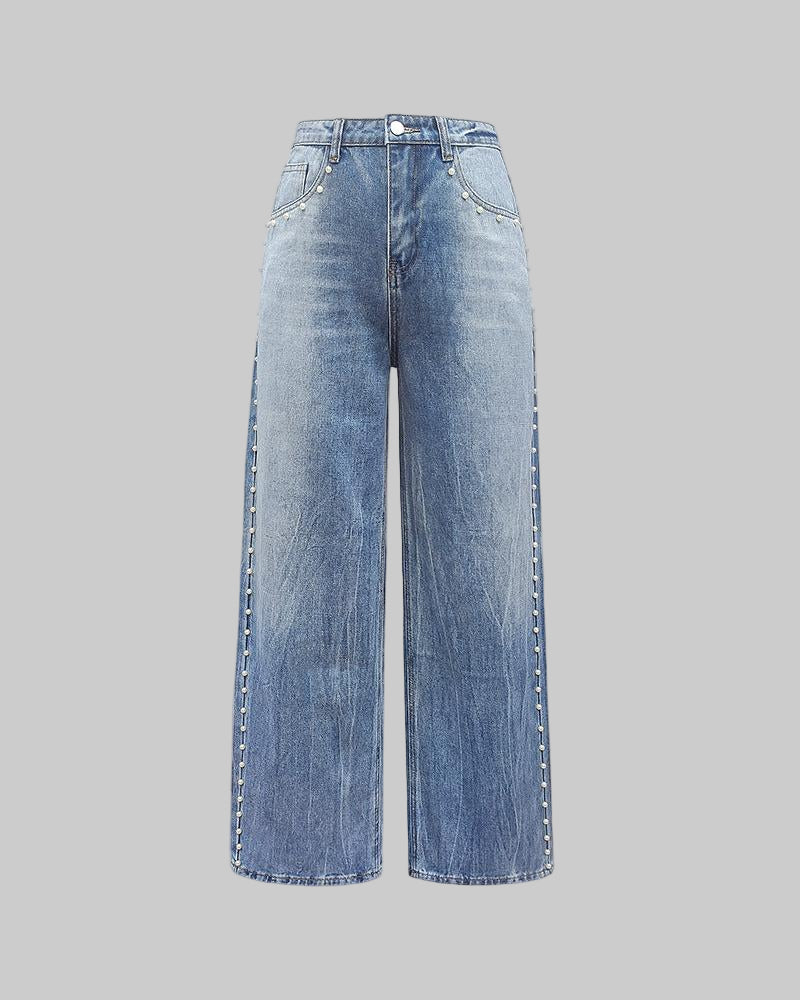 Women Clothing Autumn Magic Heavy Industry Metal Rivet White Pearl Straight Leg Denim
