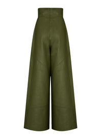 High Waist Faux Leather Bell Bottom Pants – Loose Fit with Pockets