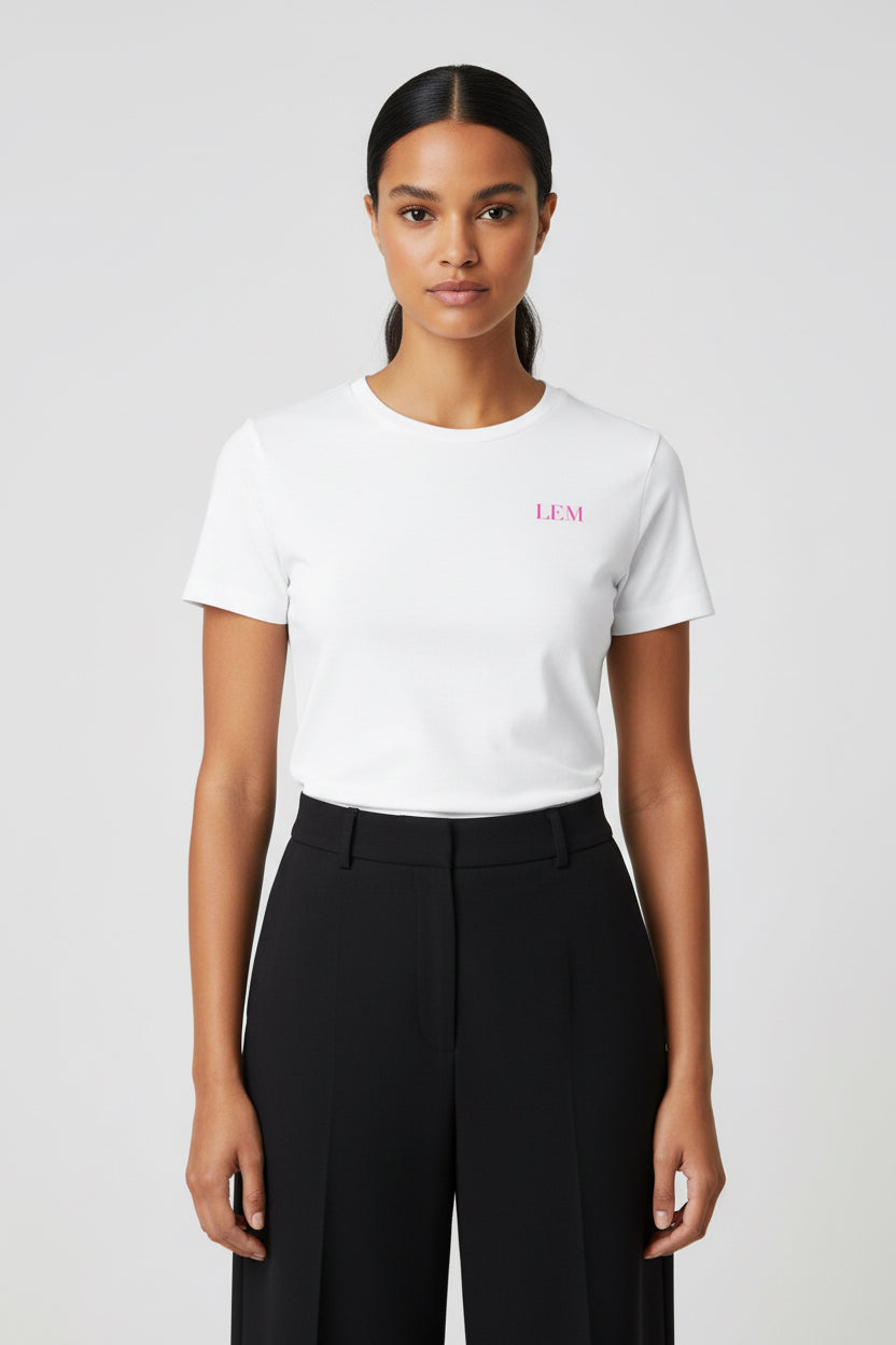 LEM Essential White Tee | Candy Pink Logo - Modestly Vogue 