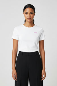 LEM Essential White Tee | Candy Pink Logo - Modestly Vogue 