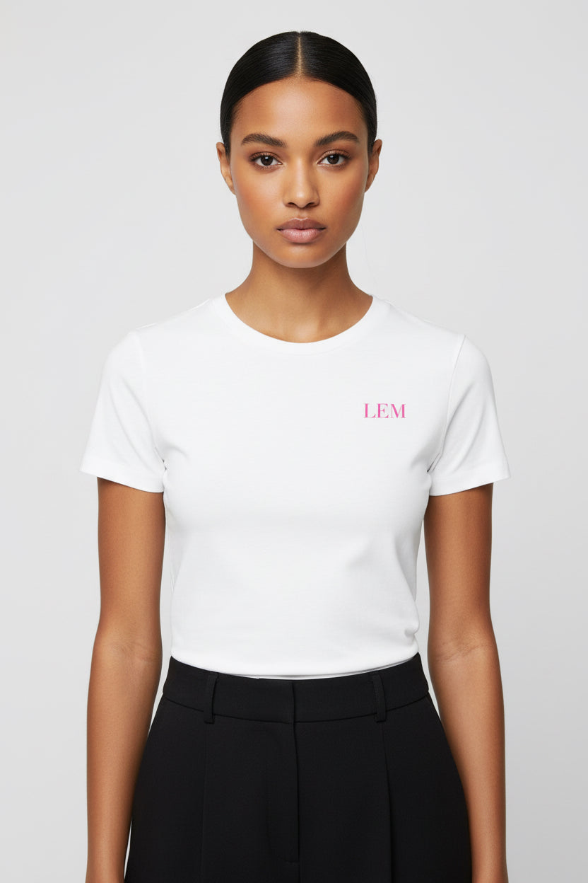 LEM Essential White Tee | Candy Pink Logo - Modestly Vogue 
