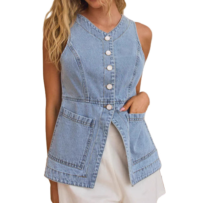 Women Clothing Summer Casual Slim Fit Buttoned Cardigan Denim Vest - Modestly Vogue 