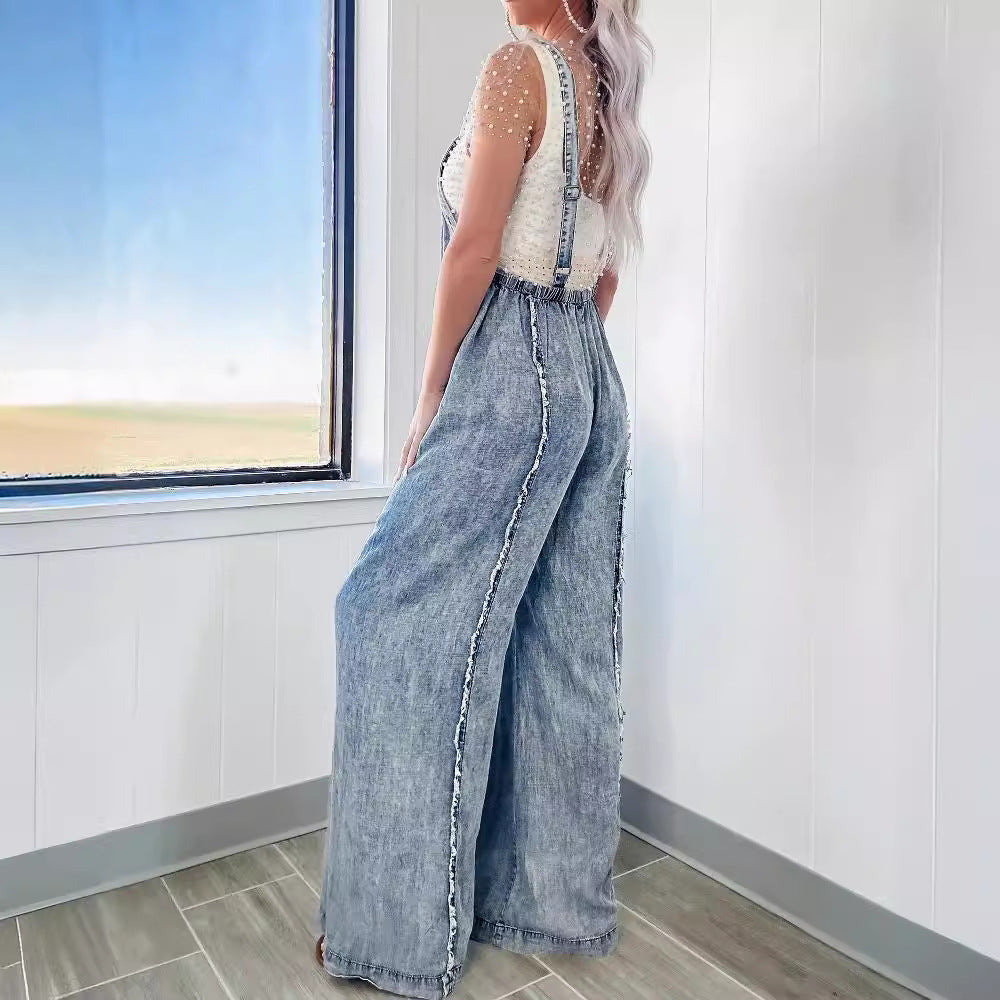 Spring Loose Fitting Overalls Women Retro Washed Raw Hem Wide Legs Jumpsuit - Modestly Vogue 